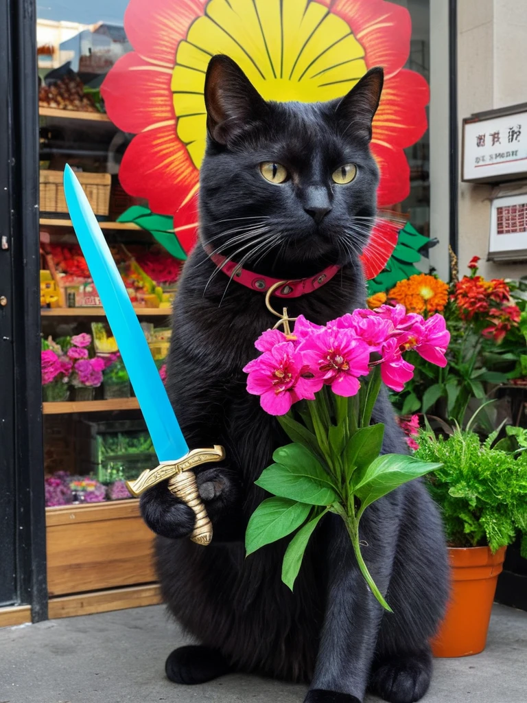 Hyperrealism Art、 (傑作photograph:1.3) of (Super detailed:1.3) Cat,Holding a sword,In front of Flower shop,(Artist: Butcher Billy:1.3),Very detailed,(Vorticism Art:1.3),(Supersaturation:1.3) . 非常に高解像度of詳細, photograph, Realism pushed to the limit, Fine texture, Incredibly realistic