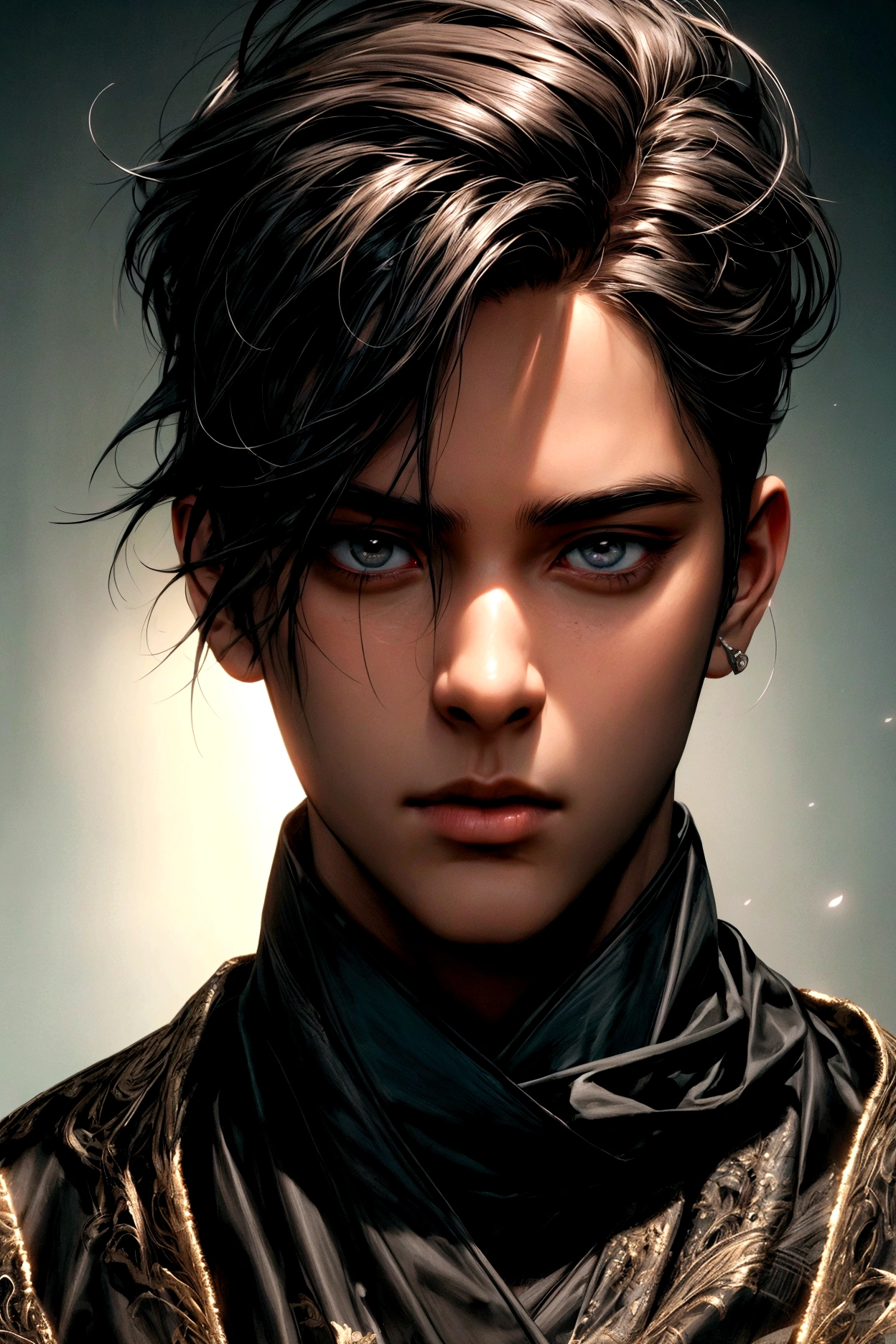 intricate detailed character portrait of 1 boy, fantasy character design, cyberpunk, dark moody lighting, dramatic chiaroscuro lighting, cinematic composition, ashley wood style, gritty grunge texture, sharp focus, hyper detailed, 8k, (best quality:1.2), (photorealistic:1.37)