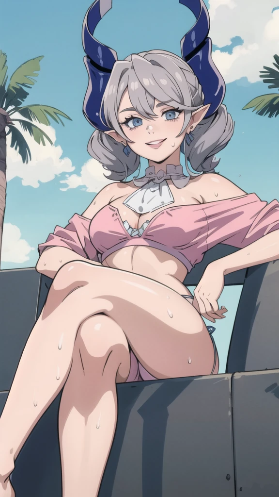 High level image quality best image quality 8K adult woman desert palm trees more colors whole body view portrait bikini horn ears short hair((shortcut)(gray hair)(perm)(fluffy)) eye color is blue , , attractive evil face , smile , y pose , labrynth , barearm , wearing pink shirt , riding animal , crossed legs , all wet , wet hair