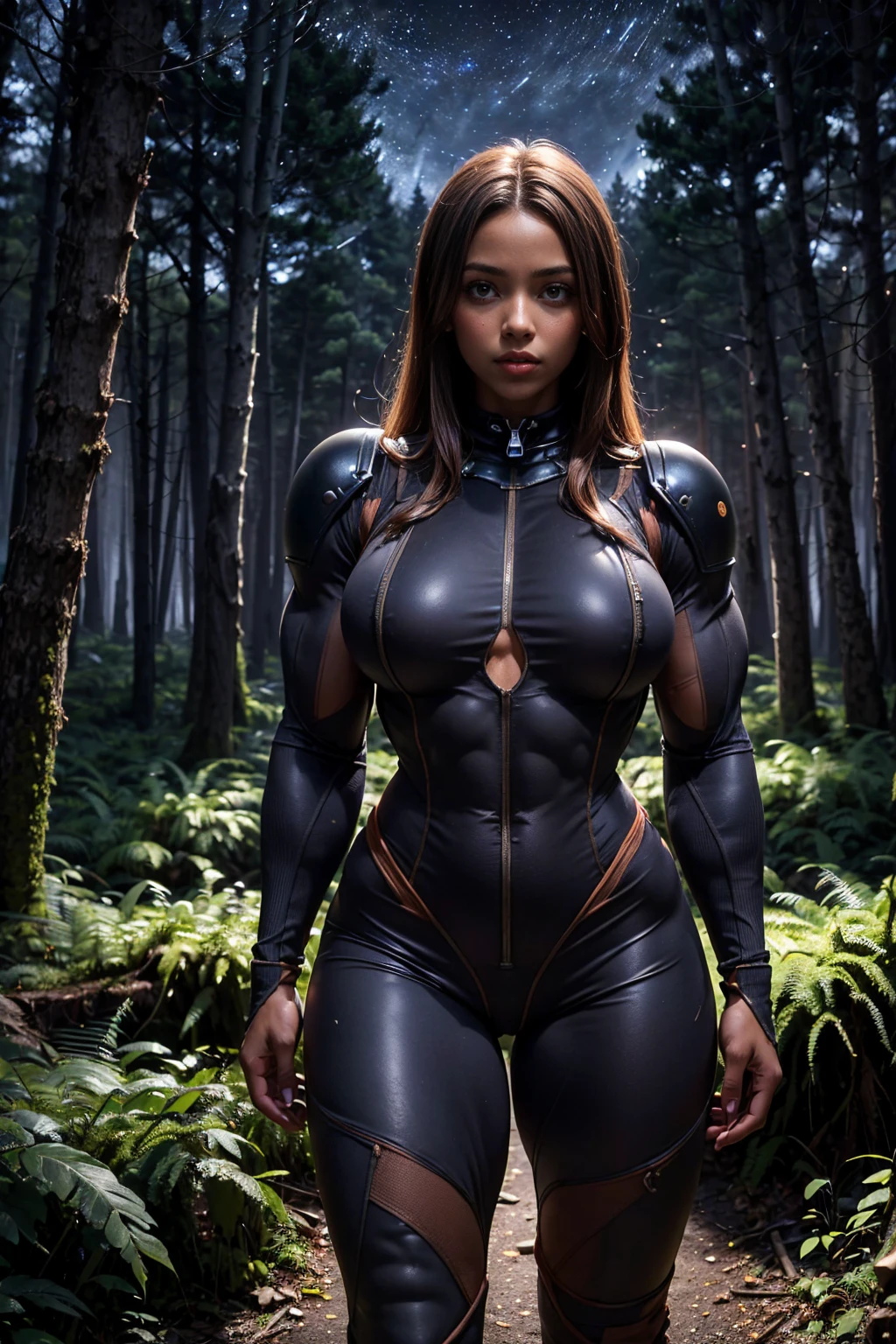 (Muscular:2), (thick thighs:1), (large round breasts:1), (large muscular chest and shoulders:1.4), FEMALE, brown hair, long brown hair, (big smile:0), (wearing a tight spacesuit:1.5), looking at viewer, (three quarter view:1.2), upper body view, (smoky forest at night:1.5), dark lighting, detailed skin, detailed eyes, (dark skin:1.4), (very thin waist:1.3), (huge round muscles:1.5),