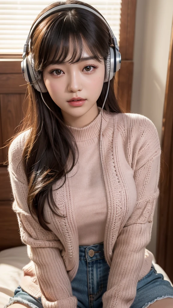 a beautiful young korean girl wearing a pink sweater and short pants, sitting in a cozy room, wearing big over-ear headphones, long dark hair, cute expression, high quality, realistic, ultra-detailed, (best quality,4k,8k,highres,masterpiece:1.2),ultra-detailed,(realistic,photorealistic,photo-realistic:1.37), soft lighting, warm colors, cinematic composition, intricate details