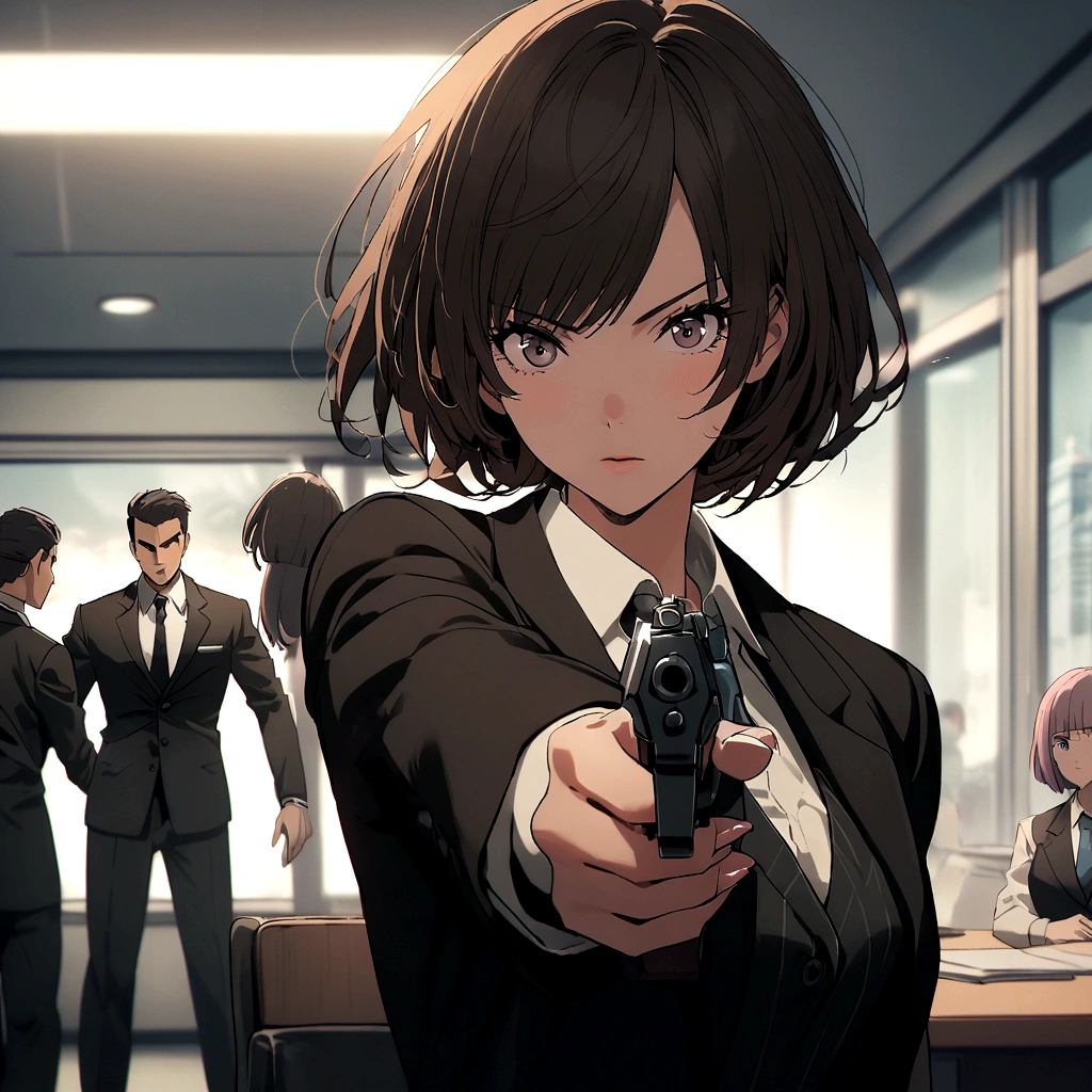 A female character in Tsukasa Hojo style, wearing a black suit and a sharp bob haircut.  She is full of confidence and determination. She is in an office, giving instructions to her team.