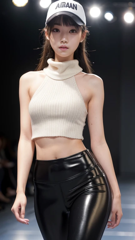 A girl walking down the runway at a fashion show, thigh, (A fitted outfit made from rubber:1.5), (High resolution:1.3), (16K, Realistic, RAW Photos, Best image quality: 1.4), (One Girl), Beautiful Face, (Lively Faces), Beautiful hairstyle, Realistic eyes, Beautiful and exquisite, (Realistic Skin), Beautiful skins, charm, 超High resolution, Surreal, High detail, Golden Ratio, Highly detailed cute girl,(20-year-old), Are thin
