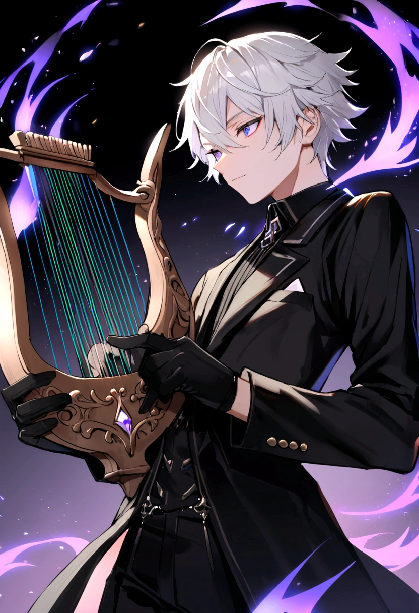 1male, looks like teen, 5,8 tall, Bard, Black outfit ,Black robe blazer, Magical aura, holding a lyre, Messy White hair with black stripes, using black artist hand gloves 