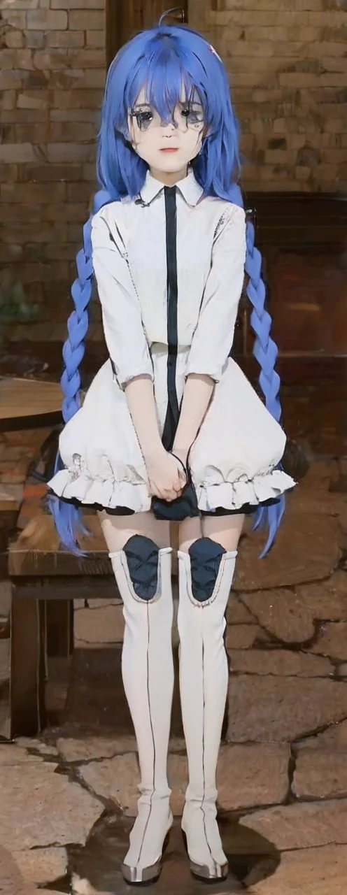 Blue hair girl,white dress,white stocking, cute