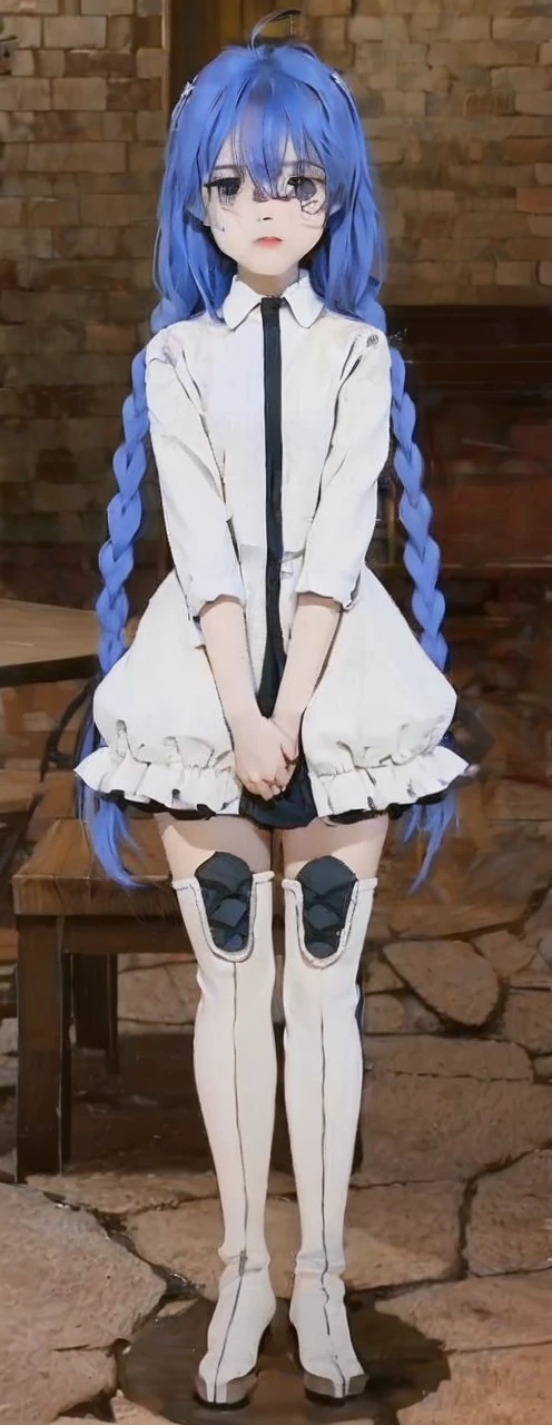 Blue hair girl,white dress,white stocking, cute