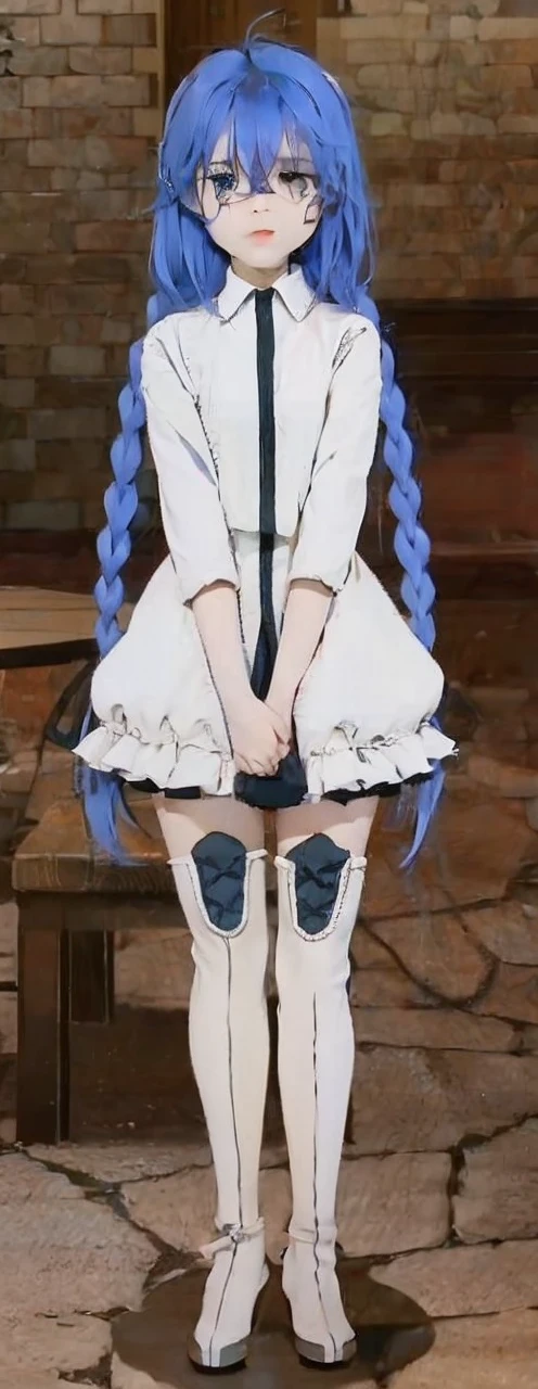 Blue hair girl,white dress,white stocking, cute 