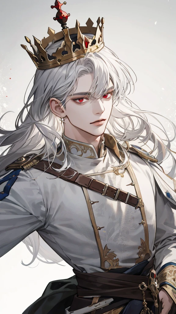 (extreamly delicate and beautiful:1.2), 8K,(шедевр:1.0),(best_quality:1.0), 1boy, and intricate detailing, Enlarged textures, and intricate detailing, finely eye and detailed face, and intricate detailing, white medieval outfit, ruinscape background, (closed mouths),long white hair with crown, Perfect eyes, red eyes, Equal eyes, (A male god)