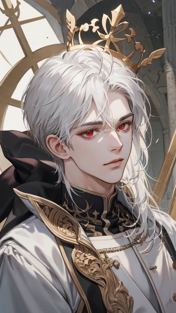 (extreamly delicate and beautiful:1.2), 8K,(шедевр:1.0),(best_quality:1.0), 1boy, and intricate detailing, Enlarged textures, and intricate detailing, finely eye and detailed face, and intricate detailing, white medieval outfit, ruinscape background, (closed mouths),long white hair with crown, Perfect eyes, red eyes, Equal eyes, (A male god)
