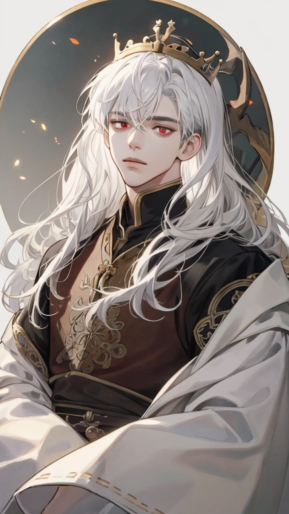 (extreamly delicate and beautiful:1.2), 8K,(шедевр:1.0),(best_quality:1.0), 1boy, and intricate detailing, Enlarged textures, and intricate detailing, finely eye and detailed face, and intricate detailing, white medieval outfit, ruinscape background, (closed mouths),long white hair with crown, Perfect eyes, red eyes, Equal eyes, (A male god)
