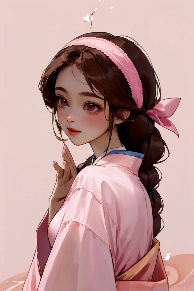 1 Girl, woman, Solitary, young people, Medium Length Hair, Soft waves, Brown hair, pink highlights in hair, Dark brown eyes, Happy expression, pink chinese clothes, Yellow sleeves, blue pants, pink headband, Braided Headband, Soft tones, whole body, pink, blue, Cherry Blossom Background, Chinese Background, outdoor, peach, look back at past, Dynamic poses, salute, Wave, Hello, Detailed background, Delicate eyes, masterpiece, Absurd quality,