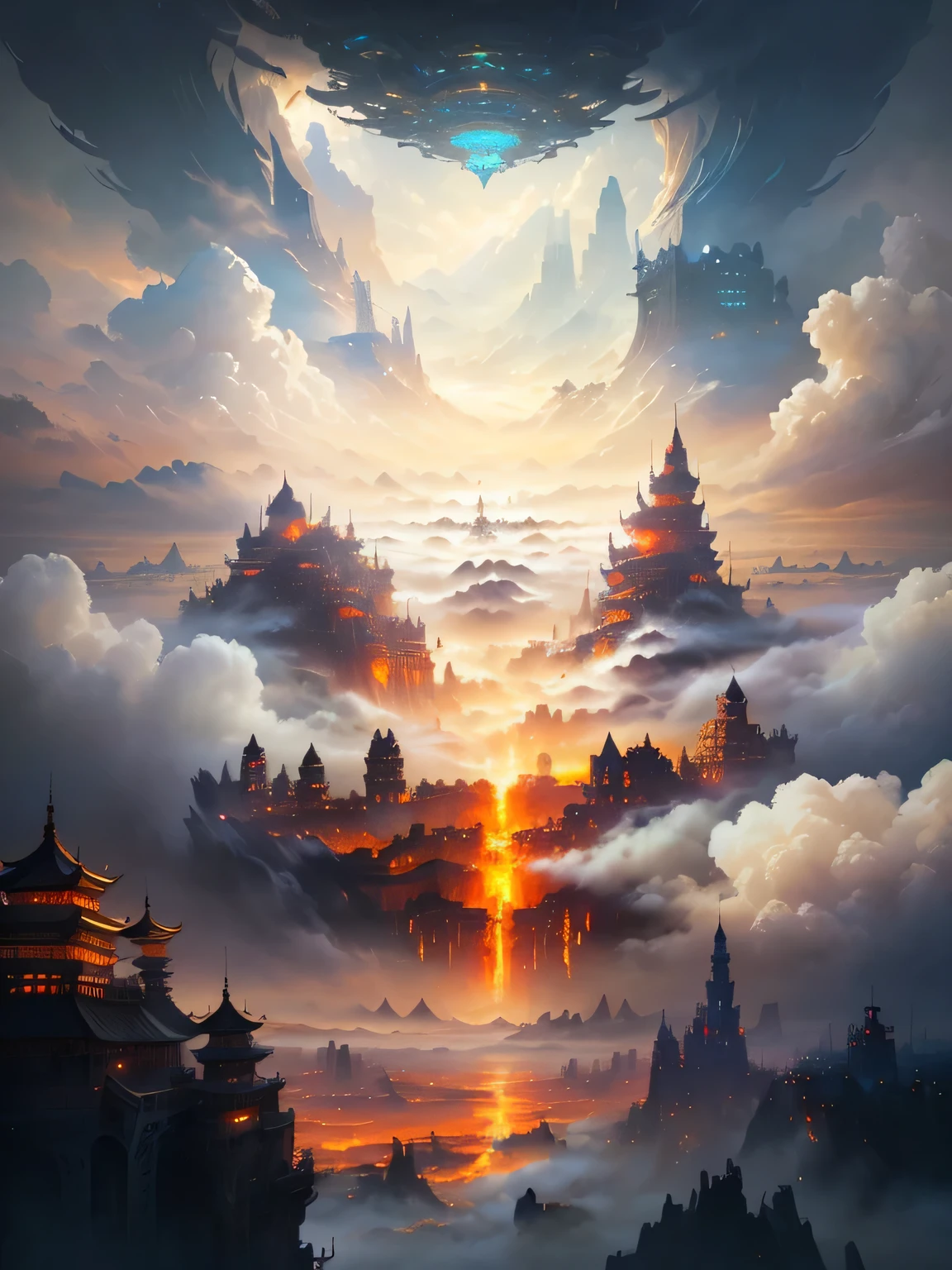 A painting of a city surrounded by clouds and mountains, Symmetrical epic fantasy art, Floating city in the clouds, Detailed fantasy digital art, Epic fantasy digital art style, Cloud Palace, An ancient city engulfed in fire, Highly detailed fantasy art, Epic fantasy art style HD, City in the Clouds, Cyberpunk Chinese Ancient Castle, Epic fantasy digital art, Impressive fantasy landscape