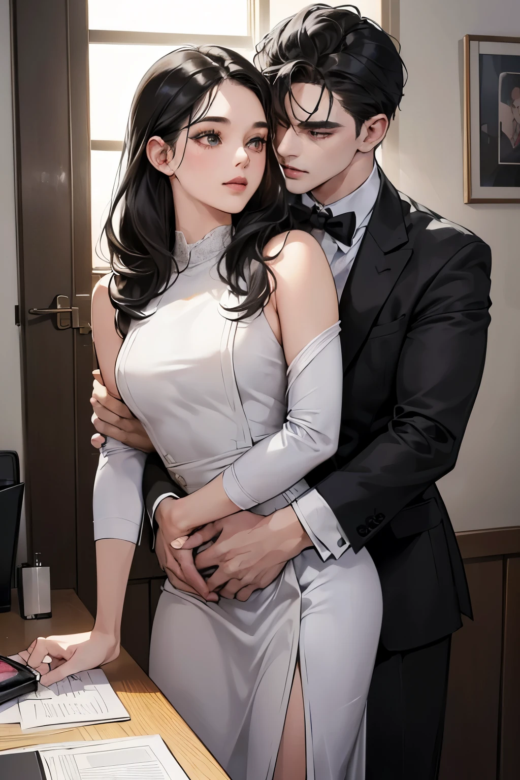 top-quality,　​masterpiece,　full body shot, Male and female couple, boy are girl are similar height, standing in an opulent royal spacious bedroom next to a bed with disheveled sheets, completely naked, girl taken by surprise, (((naked, nsfw, bare skin))), long flowing black hair in waves, gold jewelry, necklace, earrings, Boy hugging girl tightly from behind,  boy has crew cut hair, Without glasses, Revenge relationship, highly erotic, orgasmic expression, foreplay, squeezing breasts, assgrab, hand on breasts and ass, fondling, sweating, aftersex