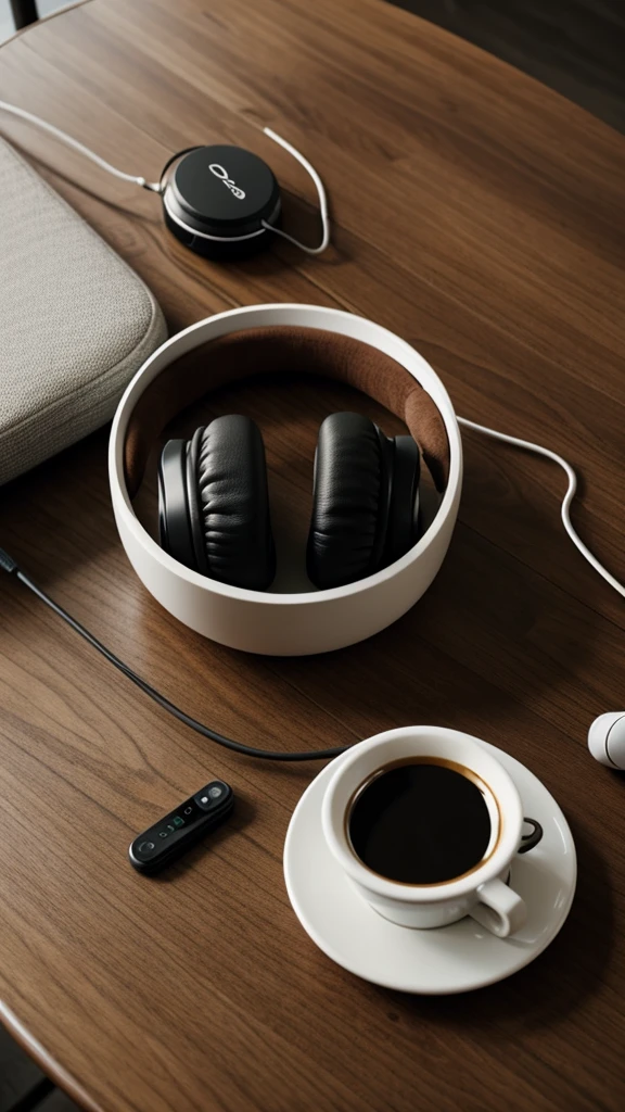 Super realistic aesthetic table with a handphone, coffee,headset, headphone kept on it
Aesthetic