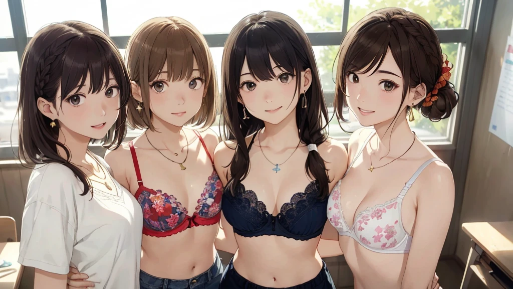 Magazine Cover、Magazine gravure(Highest quality、masterpiece、High resolution)、(Sargent-style watercolor)、(Anime Art)、Old school building、Old classroom、School in a wooden school building、((Multiple women、Everyone is standing, Alongside))、(Detailed depiction of a beautiful face)、A kind smile、long hair、Medium Short Hair、Dark Brown Hair、Braiding、、、Cinematic Light、Soft sunlight blur background、White bra and underwear set、Or a set of black bra and underwear、Or a set of red bra and underwear、Or a set of blue bra and underwear、Or wearing a purple bra and underwear set, Or a set of orange bra and underwear、Floral bra、Floral underwear(1.8)。
information(Highest quality:1.2)、Very detailed、High resolution、masterpiece:1,2、Bright colors、Bokeh、Professional Lighting、Physically Based Rendering、Flat Color:0.8、Fine Illustration、Realistic:1.37、Makoto Shinkai style、Name Style、Light Brown Hair、Elegant update、Short Bob、Three young women in casual clothes、Laugh together、Dynamic poselip、cheek(Dark Brown Hair/)bangs、cheek(direction)、(最高masterpiece1.2)繊細なイラストVery detailed、Break Blue Sky、Detailed Background、20-year-old female、whole bodyが写る、A shy smile、Through clenched teeth、Through clenched teeth、lip、cheek(Flat Color: 0.8)、(masterpiece: 1,2)、(masterpiece: 1,2)、High resolution、超High resolution、Highest quality、High resolution、Ultra-thin illustration、Makoto Shinkai style、Your Name is Style、long hair、Short Bob、necklace、Earrings、Dynamic pose、Selfie、whole body、Brown Hair、Braiding、Hair Bun、ponytail・Hair Bunスタイル、necklace、Valletta、ribbon、Earringsアニキュア,。