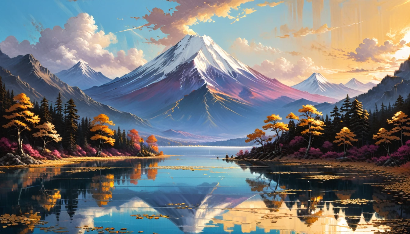 Gold leaf art, Alena Aenami, (masterpiece, Highest quality, Professional, Perfect composition, so beautiful, Absurd, Super detailed, Intricate details:1.3)、Fuji Mountain、Inverted Fuji reflected in the lake
