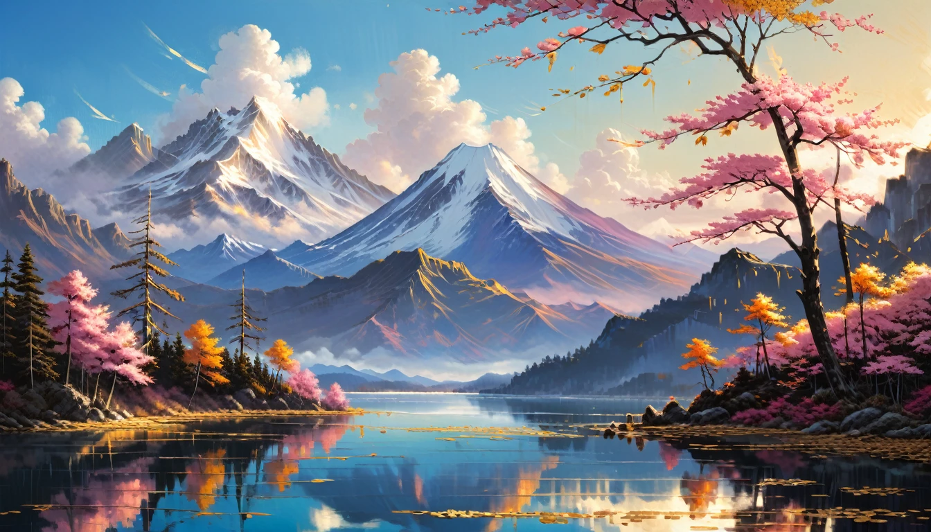 Gold leaf art, Alena Aenami, (masterpiece, Highest quality, Professional, Perfect composition, so beautiful, Absurd, Super detailed, Intricate details:1.3)、Fuji Mountain、Inverted Fuji reflected in the lake