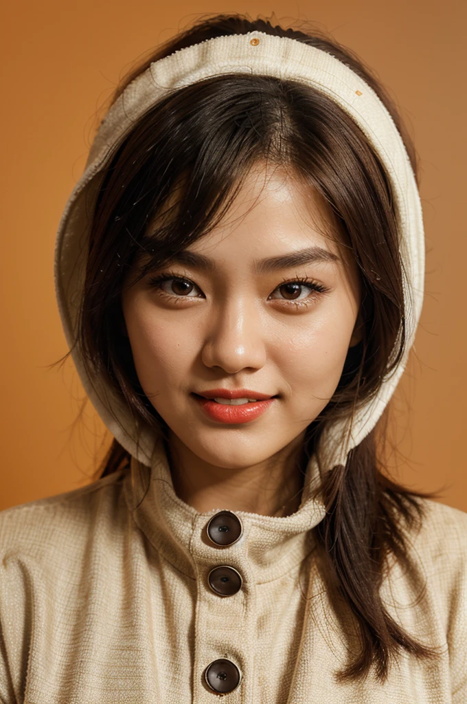 realistic 3d caricature. big head. A 21 year old Korean woman. oval face shape. oval chin. beautiful, round eyes, shining eyes, black brown eyes, white skin. red lipstick, thin smile teeth. wearing a vanilla colored headscarf and wearing a jacket, the position of the body is clearly visible on the orange background. use soft photography lighting with head lights, edge lights, and top lights, photos with great detail
