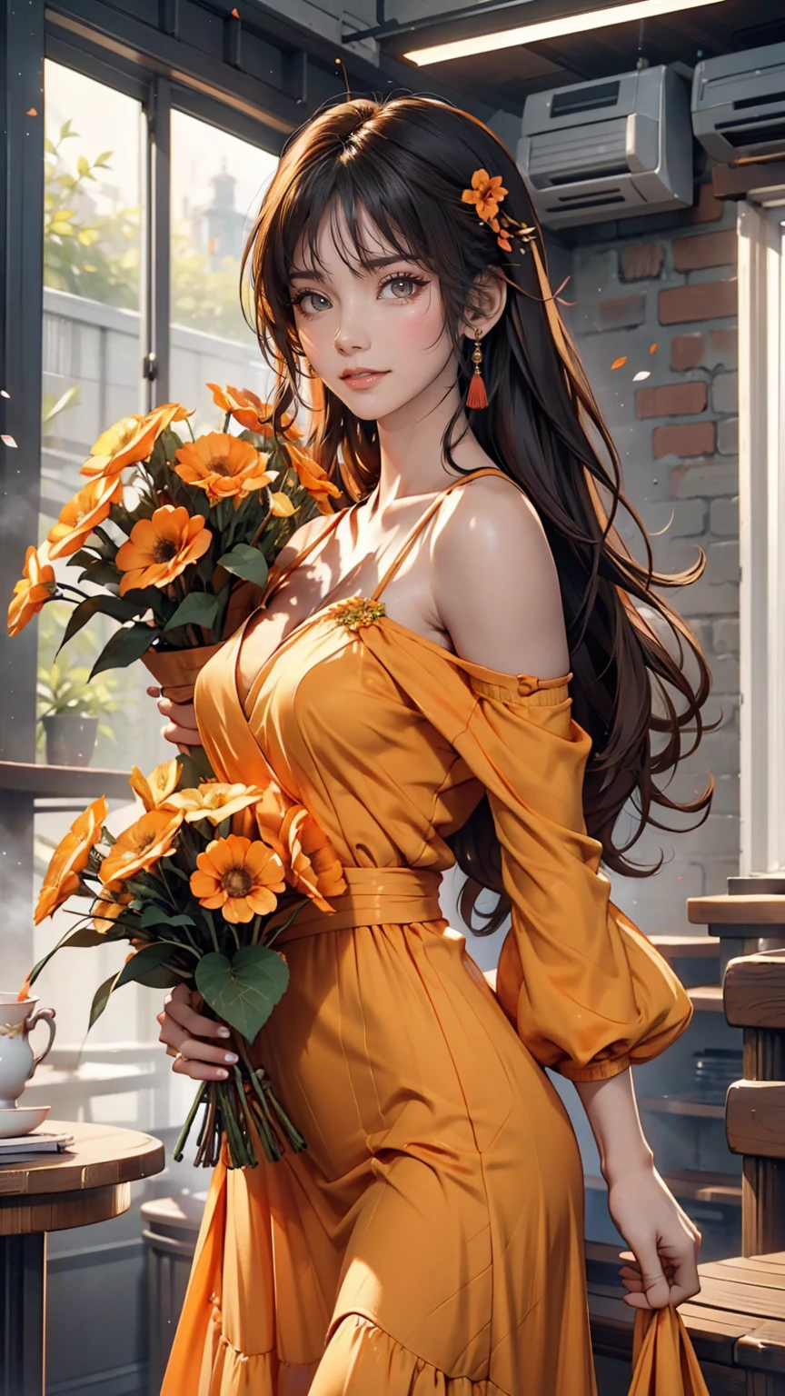 24-year-old woman、Sexy proportions、In the photo studio、Standing next to a small table with a vase of flowers on it、Off-the-shoulder dress(Pastel Orange)wear、smile