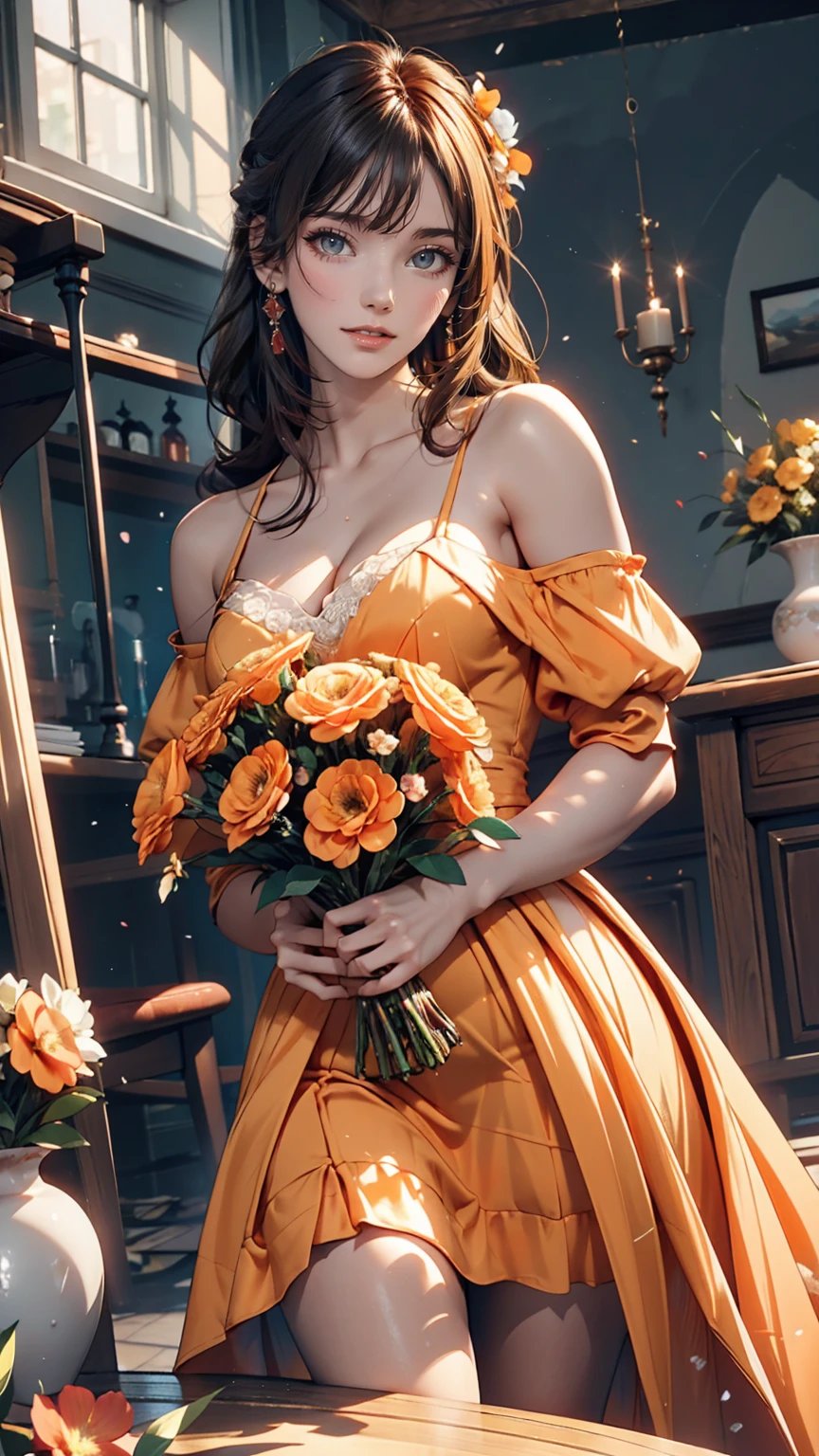24-year-old woman、Sexy proportions、In the photo studio、Standing next to a small table with a vase of flowers on it、Off-the-shoulder dress(Pastel Orange)wear、smile