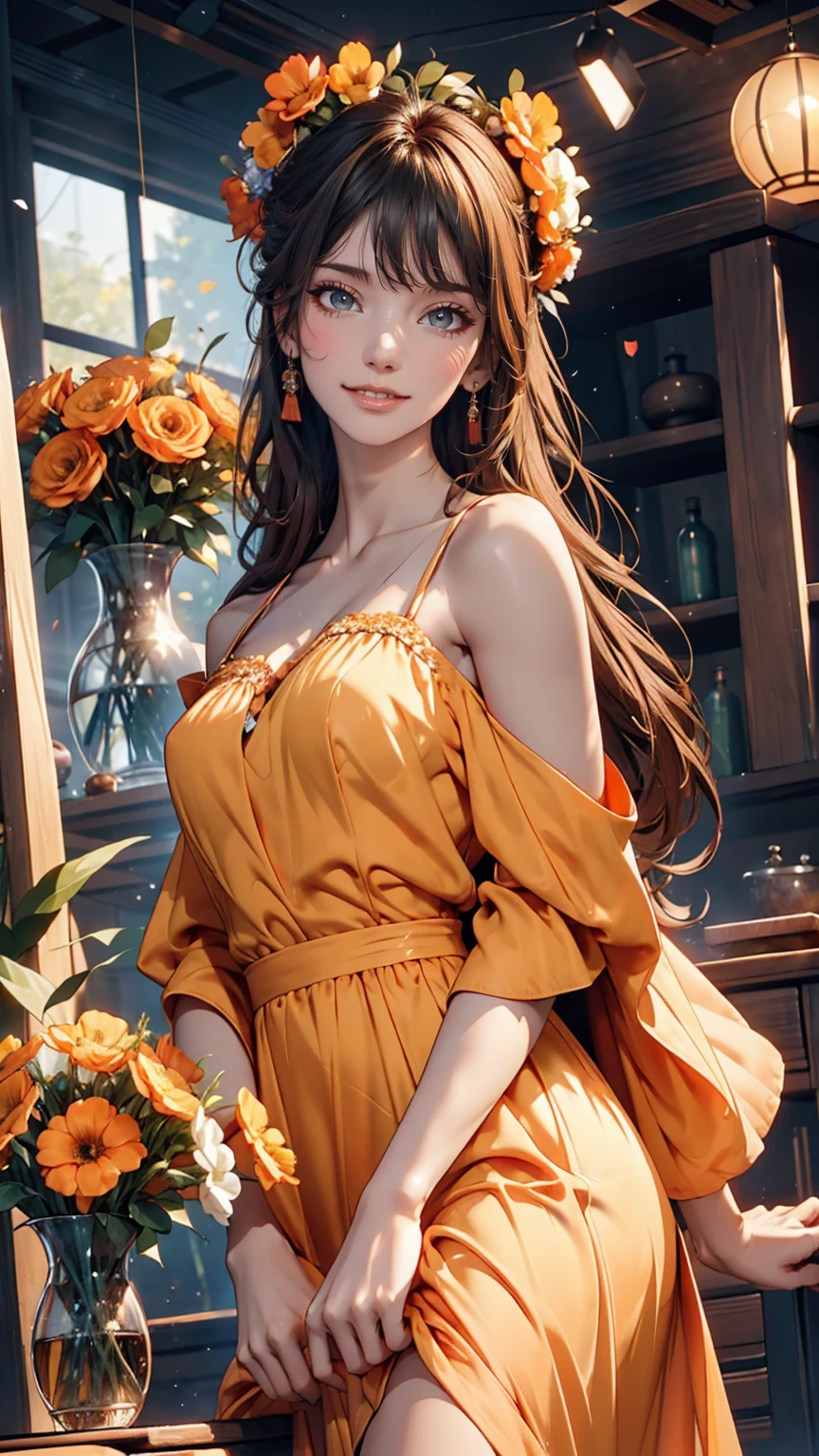 24-year-old woman、Sexy proportions、In the photo studio、Standing next to a small table with a vase of flowers on it、Off-the-shoulder dress(Pastel Orange)wear、smile