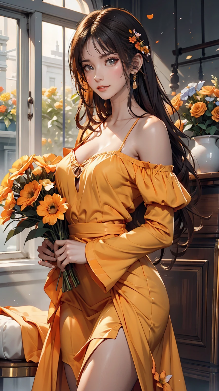 24-year-old woman、Sexy proportions、In the photo studio、Standing next to a small table with a vase of flowers on it、Off-the-shoulder dress（Pastel Orange)wear、smile