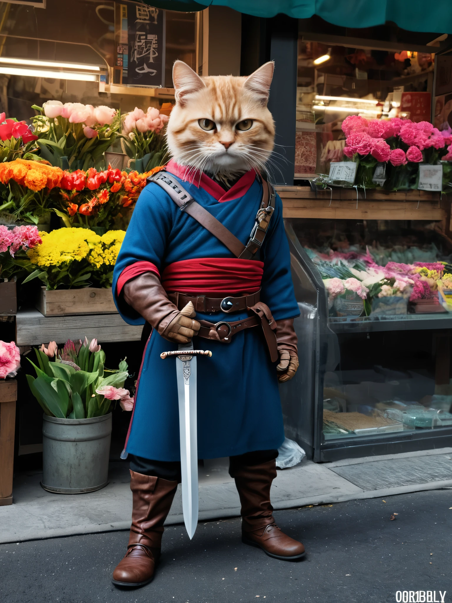 Hyperrealism Art、 (傑作photograph:1.3) of (Super detailed:1.3) Cat,Holding a sword,In front of Flower shop,(Artist: Butcher Billy:1.3),Very detailed,(Vorticism Art:1.3),(Supersaturation:1.3) . 非常に高解像度of詳細, photograph, Realism pushed to the limit, Fine texture, Incredibly realistic