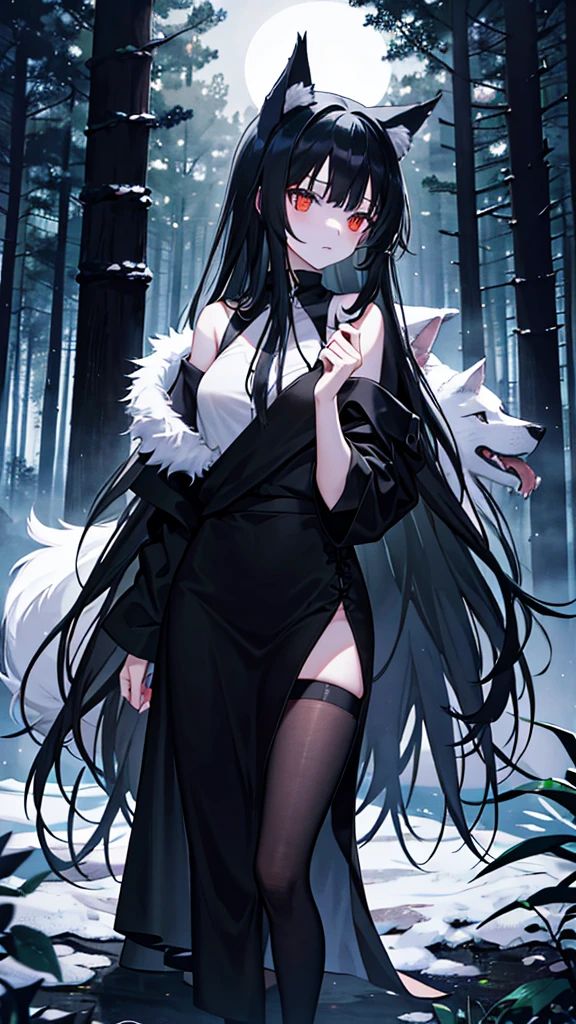 A wolf, long black hair,She is in a forest at night