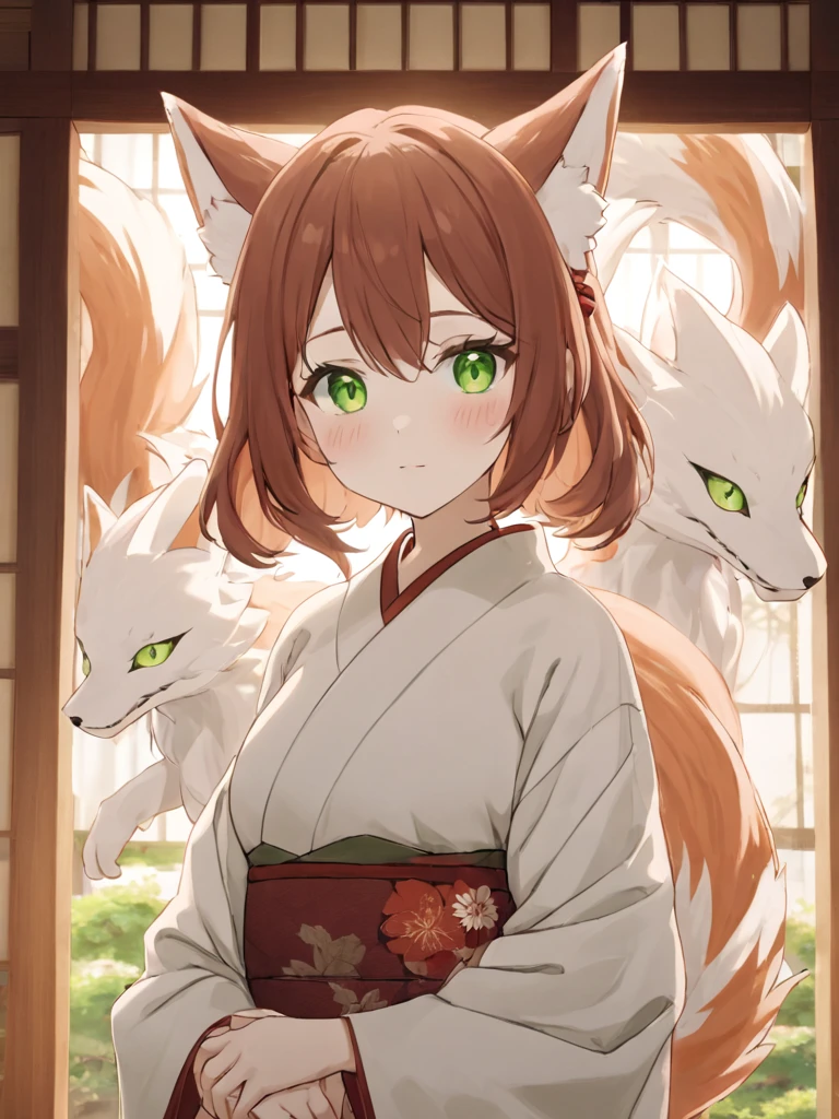 high_quality, 4k, masterpiece, 1girl, solo, shoulder-length graying auburn hair, wrinkled green eyes, elderly, nine-tailed Kitsune, Kimono dress, light blush, fair-skinned, looking_at_viewer, indoors