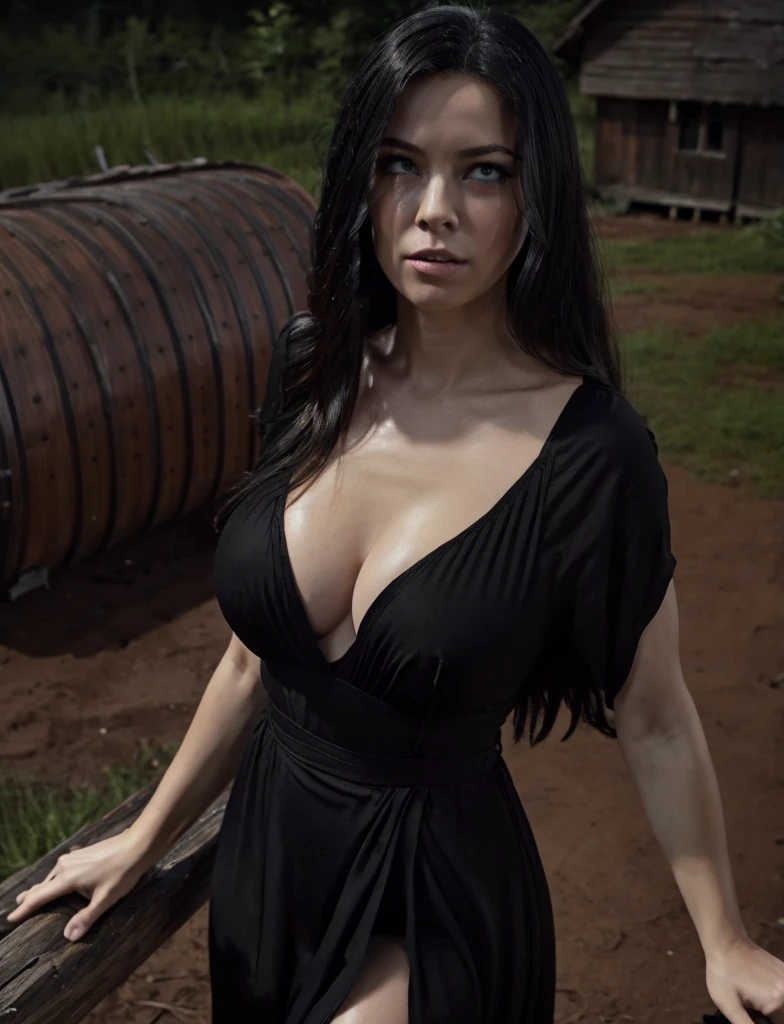 looking at viewer, view from above, fucked silly, defeat, masterpiece 8k, high Detailed image (realism), Shelob, pale skin, long black hair, green eyes, wearing black dress, huge breast cleavage, (shiny huge breasts), (naturally saggy breasts), (focus on detailed body anatomy), Slim body , scared expression,((tears)), full body, standing a grass field on a full moon and an old creepy wooden hut in the background. Ultra Realistic, Detailed Environments, Dramatic Lighting, ((Detailed Image)), (Intricate Details), Professional Photography, ((Shallow Depth of Field)) (Cinematic Lighting), HDR Enhancement, Ultra Fine Texture, Photorealistic, Extremely Realistic.