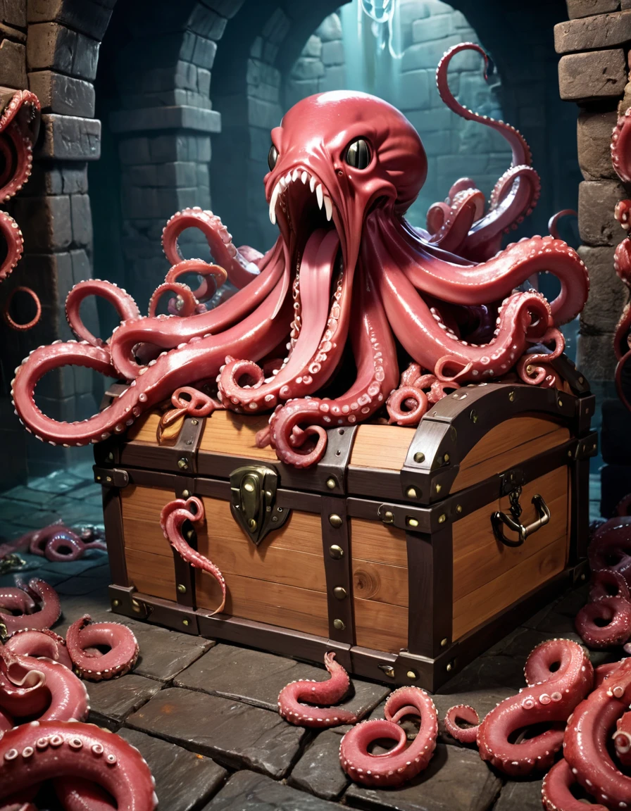 mimico, wooden chest, long tongue, meat, saliva, TentacleHorrorAI, (sprawling tentacles), sharp teeth, dungeon background,