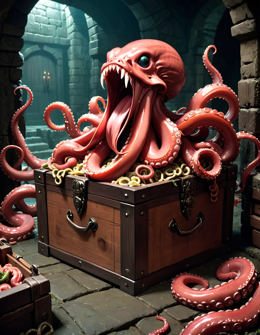mimico, wooden chest, long tongue, meat, saliva, TentacleHorrorAI, (sprawling tentacles), sharp teeth, dungeon background,