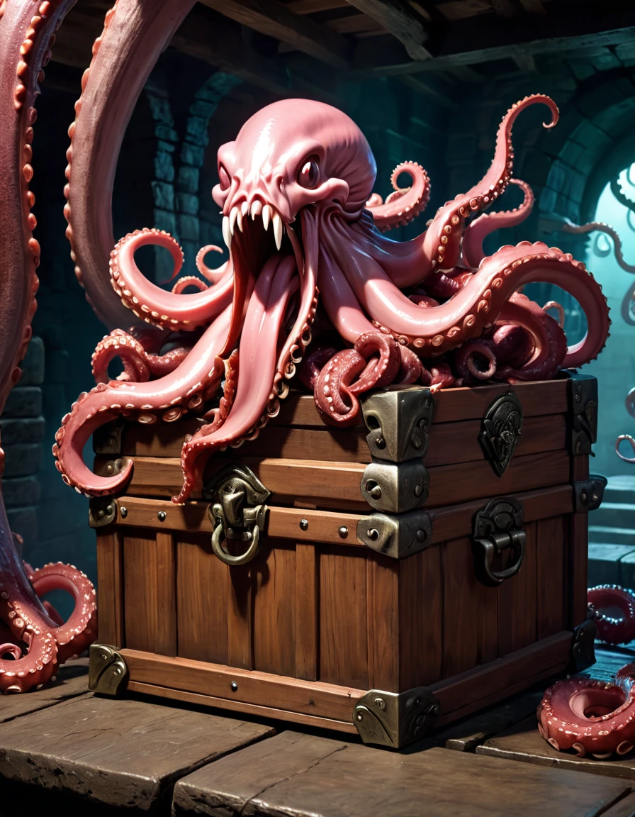 mimico, wooden chest, long tongue, meat, saliva, TentacleHorrorAI, (sprawling tentacles), sharp teeth, dungeon background, 