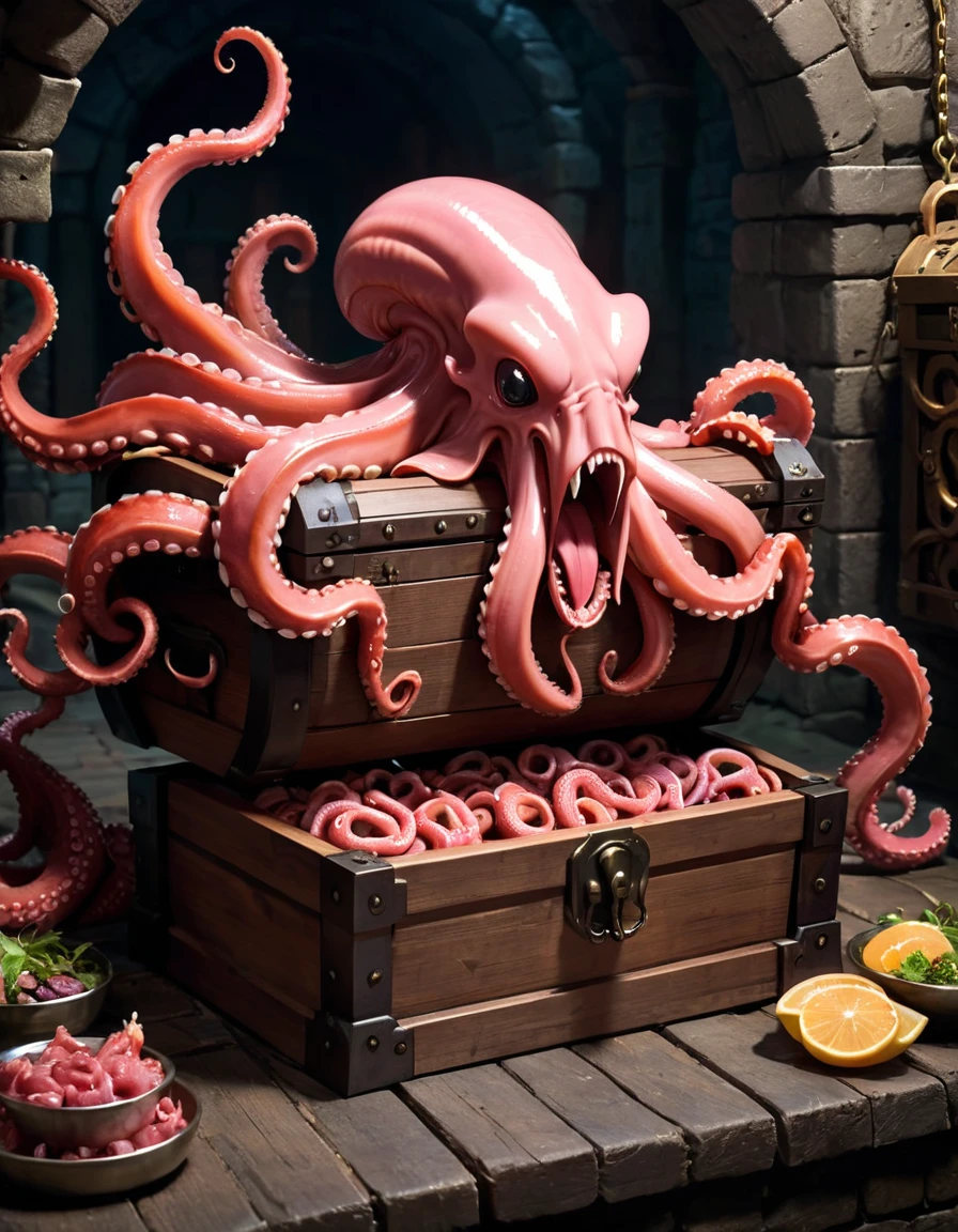 mimico, wooden chest, long tongue, meat, saliva, TentacleHorrorAI, (sprawling tentacles), sharp teeth, dungeon background, 