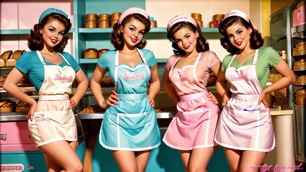35mm film photography of sexy brunette girls in a bakery in pin-up style aprons in bright pastel colors