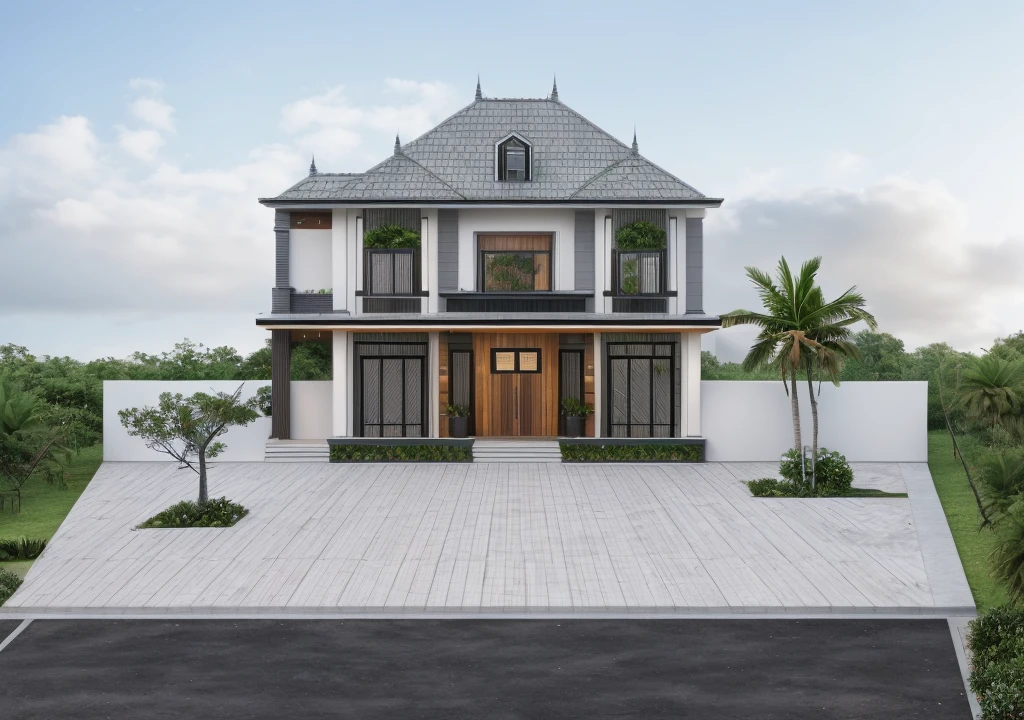 1 main wood door, slope roof, many glass door, concrete, wood wall,white, modern villa, palm, plant, beautiful sky, wood facade, architecture, beautiful, masterpiece, best quality, super detailed, realistic, photorealistic, 8k, sharp focus, droste effect photography, macro photography