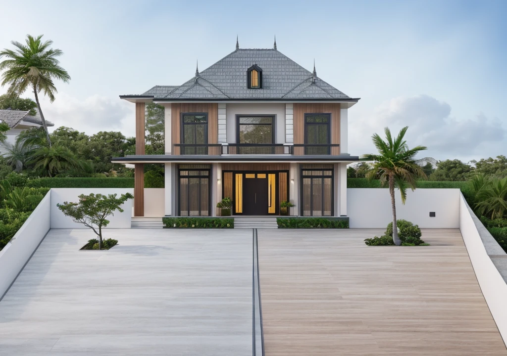 1 main wood door, slope roof, many glass door, concrete, wood wall,white, modern villa, palm, plant, beautiful sky, wood facade, architecture, beautiful, masterpiece, best quality, super detailed, realistic, photorealistic, 8k, sharp focus, droste effect photography, macro photography