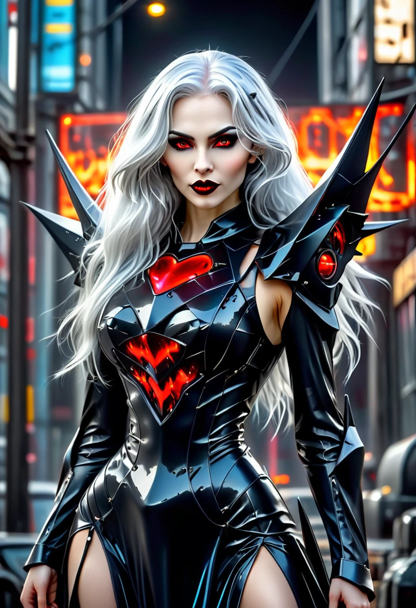 ((a photorealistic glamour shot of an exquisite, glamour mecha female vampire: 1.5)), ((full body: 1.3)), ultra feminine, pale face, silver hair, long vibrant shiny hair, glamorous hair,  red eyes, miniatures mechanical , deep penetrating eyes, red lips, lustful lips, ((two visible vampiric fangs: 1.5), drops of blood dripping from the mouth, ((cyberpunk style: 1.5)), she wears (blue elegant glamour dress, with small delicate mechanical parts: 1.4), digital parts,  intricate details, the dress is studded with diamonds, tight suit, dynamic color, high heels, cyberpunk street at night background, (highest quality:1.2, Very detailed, up to date, Vibrant, Ultra-high resolution, High Contrast, masterpiece:1.2, highest quality, Best aesthetics), best details, best quality, highres, ultra wide angle, 16k, [ultra detailed], masterpiece, best quality, (extremely detailed), Genetically modified..., Cinematic Hollywood Film, nijimecha, liquid dress