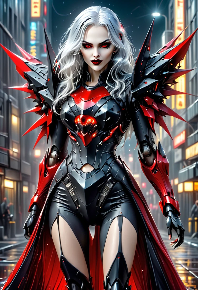 ((a photorealistic glamour shot of an exquisite, glamour mecha female vampire: 1.5)), ((full body: 1.3)), ultra feminine, pale face, silver hair, long vibrant shiny hair, glamorous hair,  red eyes, miniatures mechanical , deep penetrating eyes, red lips, lustful lips, ((two visible vampiric fangs: 1.5), drops of blood dripping from the mouth, ((cyberpunk style: 1.5)), she wears (blue elegant glamour dress, with small delicate mechanical parts: 1.4), digital parts,  intricate details, the dress is studded with diamonds, tight suit, dynamic color, high heels, cyberpunk street at night background, (highest quality:1.2, Very detailed, up to date, Vibrant, Ultra-high resolution, High Contrast, masterpiece:1.2, highest quality, Best aesthetics), best details, best quality, highres, ultra wide angle, 16k, [ultra detailed], masterpiece, best quality, (extremely detailed), Genetically modified..., Cinematic Hollywood Film, nijimecha, liquid dress