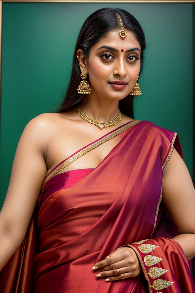 Beautiful painting of a woman in a sari with a necklace and earrings, looks like Sandeepa Dhar, inspired by Raja Ravi Varma, szukalski ravi varma, portrait of a beautiful goddess, by Raja Ravi Varma, indian goddess, traditional beauty, a stunning portrait of a goddess, inspired by T. K. Padmini, indian art, indian goddess of wealth, portrait of a goddess, bulky figure, fleshy woman, skin pores, thick figure, attractive beauty, stunning beauty,