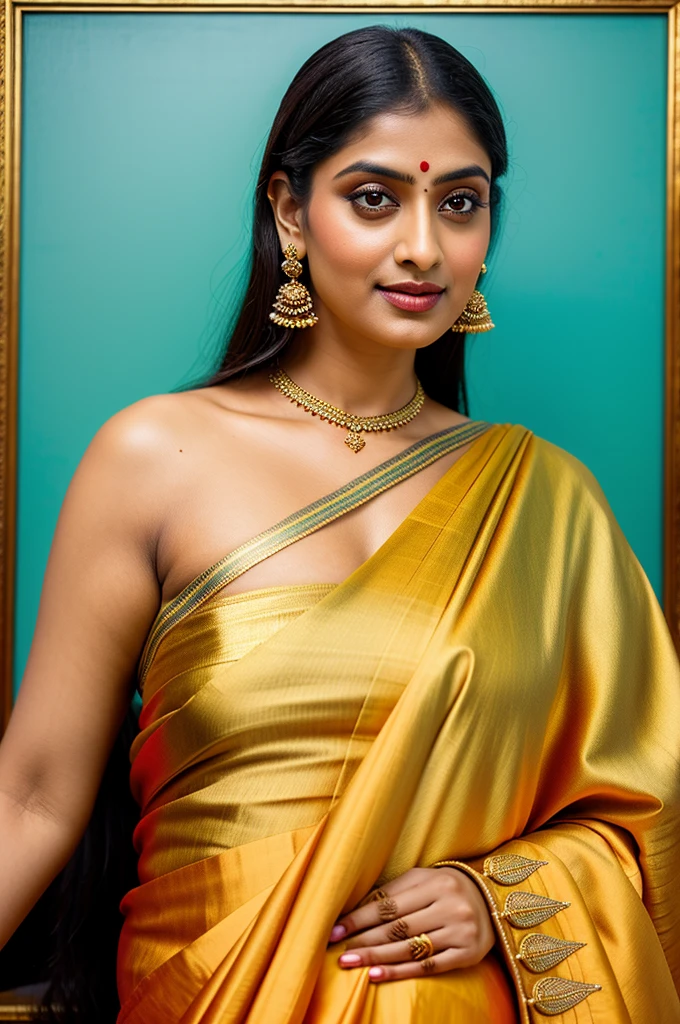Beautiful painting of a woman in a sari with a necklace and earrings, looks like Sandeepa Dhar, inspired by Raja Ravi Varma, szukalski ravi varma, portrait of a beautiful goddess, by Raja Ravi Varma, indian goddess, traditional beauty, a stunning portrait of a goddess, inspired by T. K. Padmini, indian art, indian goddess of wealth, portrait of a goddess, bulky figure, fleshy woman, skin pores, thick figure, attractive beauty, stunning beauty, 