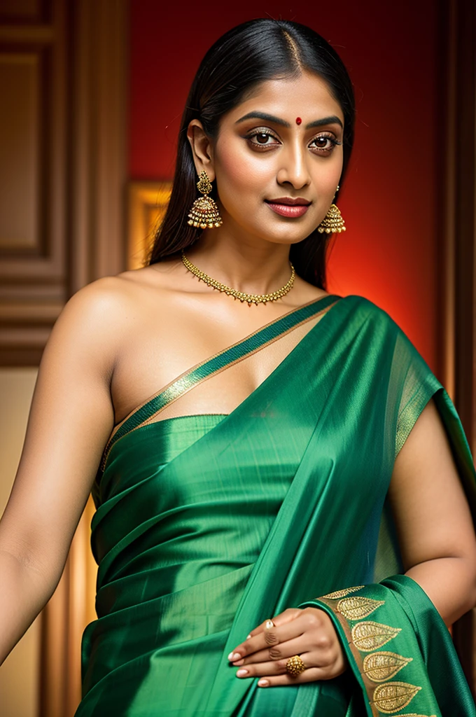Beautiful painting of a woman in a sari with a necklace and earrings, looks like Sandeepa Dhar, inspired by Raja Ravi Varma, szukalski ravi varma, portrait of a beautiful goddess, by Raja Ravi Varma, indian goddess, traditional beauty, a stunning portrait of a goddess, inspired by T. K. Padmini, indian art, indian goddess of wealth, portrait of a goddess, bulky figure, fleshy woman, skin pores, thick figure, attractive beauty, stunning beauty,