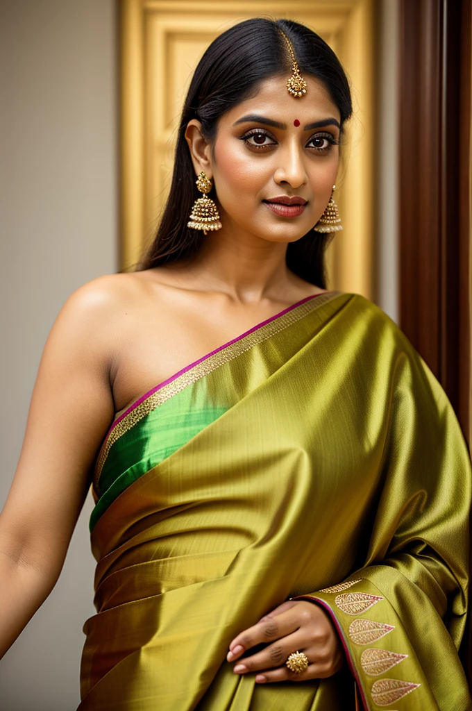 Beautiful painting of a woman in a sari with a necklace and earrings, looks like Sandeepa Dhar, inspired by Raja Ravi Varma, szukalski ravi varma, portrait of a beautiful goddess, by Raja Ravi Varma, indian goddess, traditional beauty, a stunning portrait of a goddess, inspired by T. K. Padmini, indian art, indian goddess of wealth, portrait of a goddess, bulky figure, fleshy woman, skin pores, thick figure, attractive beauty, stunning beauty,