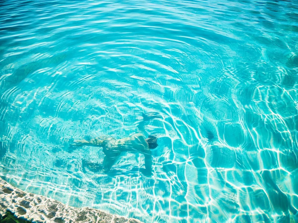 An overhead shot of a swimming pool with a clear view of the bottom, showing a person standing in the water, making the pool appear shallower than it is.