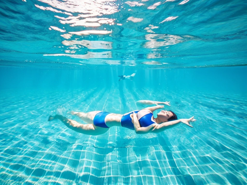 An overhead shot of a swimming pool with a clear view of the bottom, showing a person standing in the water, making the pool appear shallower than it is.