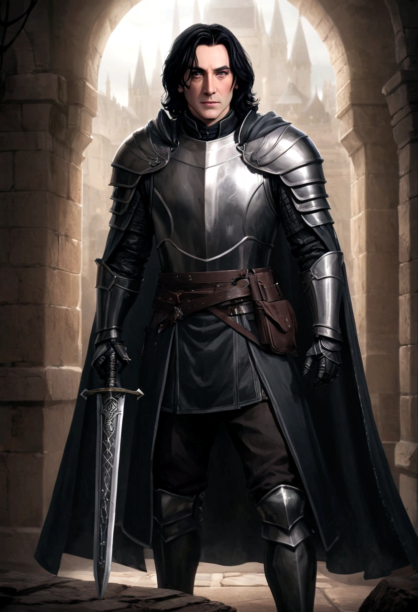 a close up of a severus snape in armor with a sword, arsen lupin as a dark paladin, a human male paladin evil , picture of a male cleric, fully clothed in armor, male paladin, handsome guy in demon slayer art, inspired by Li Chevalier, wearing heavy armor with cape, picture of female paladin, beautiful androgynous prince