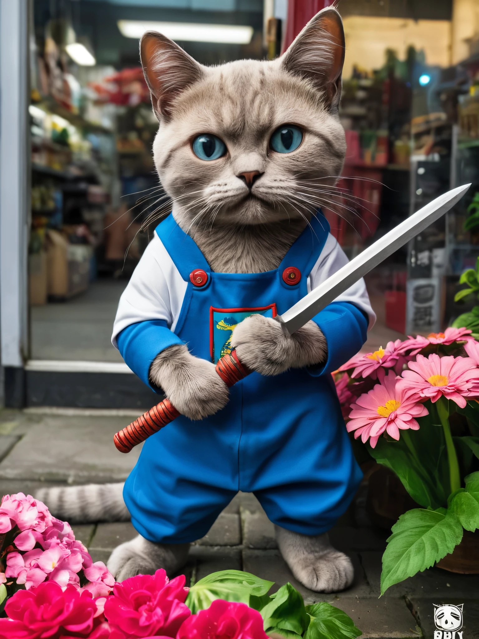 Hyperrealism Art、 (傑作photograph:1.3) of (Super detailed:1.3) Cat,Holding a sword,In front of Flower shop,(Artist: Butcher Billy:1.3),Very detailed,(Vorticism Art:1.3),(Supersaturation:1.3) . 非常に高解像度of詳細, photograph, Realism pushed to the limit, Fine texture, Incredibly realistic