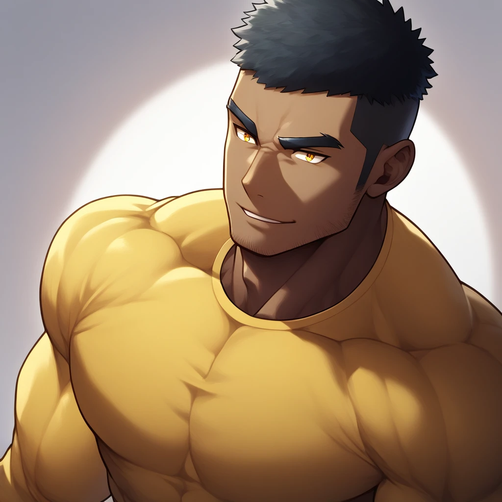 anime characters:Gyee, Muscle Sports Student, negro black skin, 1 muscular tough guy, Manliness, male focus, Light Yellow long sleeve tights, Very tight, The pectoral muscles are oversized, Slightly transparent, muscular male, muscular, only, Upper body, alone, Black short hair, Thick eyebrows, stubble, Yellow eyes, White background, simple background, amazing quality, best aesthetics, Ridiculous, bright pupils, crew cut, parted lips, seductive smile, torogao, naughty face, drop shadow, best quality