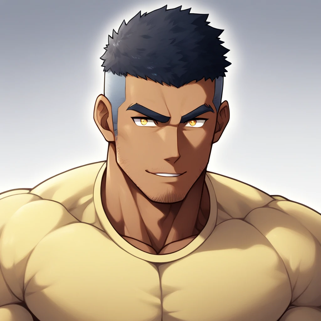 anime characters：Gyee, Muscle Sports Student, negro black skin, 1 muscular tough guy, Manliness, male focus, Light Yellow long sleeve tights, Very tight, The pectoral muscles are oversized, Slightly transparent, muscular male, muscular, only, Upper body, alone, Black short hair, Thick eyebrows, stubble, Yellow eyes, White background, simple background, amazing quality, best aesthetics, Ridiculous, bright pupils, crew cut, parted lips, seductive smile, torogao, naughty face, drop shadow, best quality