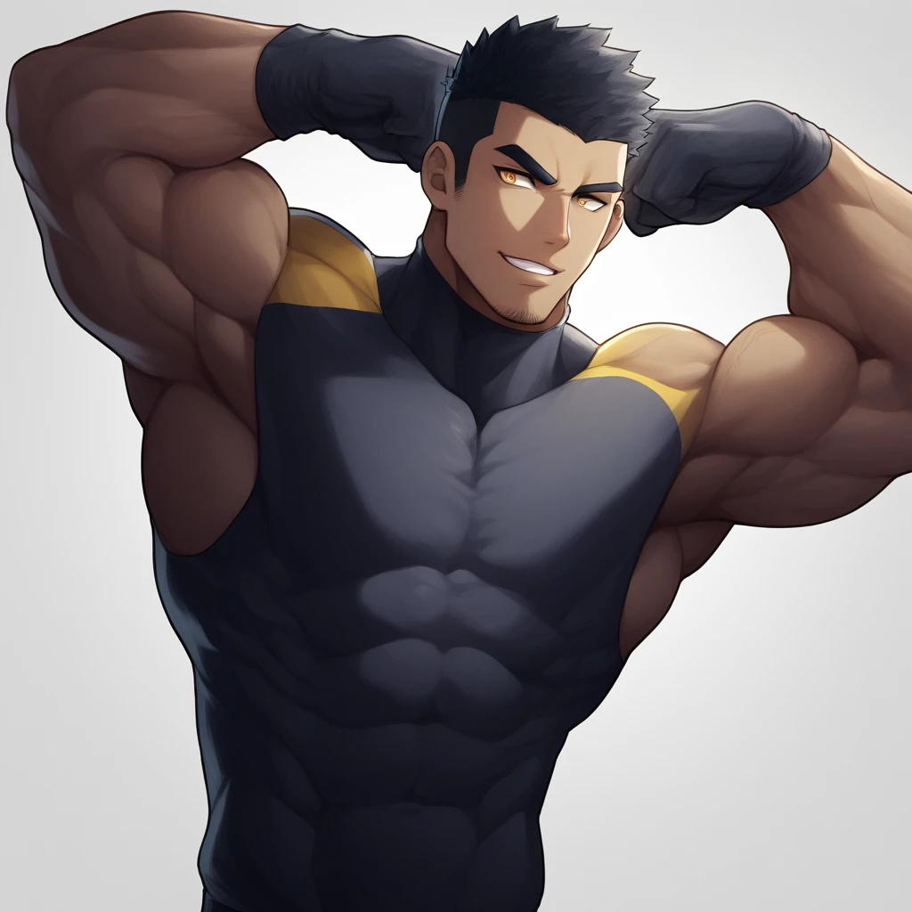 anime characters：Gyee, Muscle Sports Student, negro black skin, 1 muscular tough guy, Manliness, male focus, Light Yellow long sleeve tights, Very tight, The pectoral muscles are oversized, Slightly transparent, muscular male, muscular, only, Upper body, alone, Black short hair, Thick eyebrows, stubble, Yellow eyes, White background, simple background, amazing quality, best aesthetics, Ridiculous, bright pupils, crew cut, parted lips, seductive smile, torogao, naughty face, dbest quality